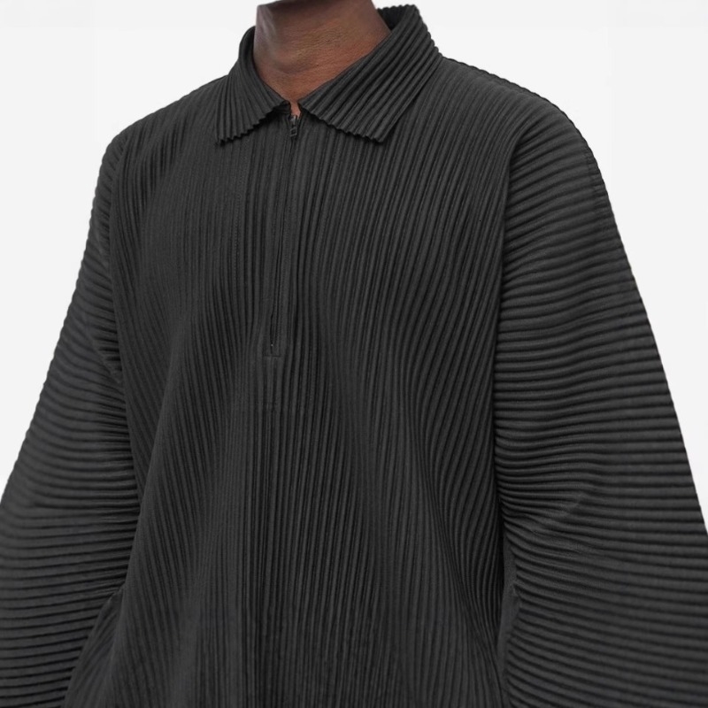 Miyake Pleated Mens Polo Shirt Longsleeved Sports Leisure Solid Zipper Pullover Bottoming Tops Men w250317