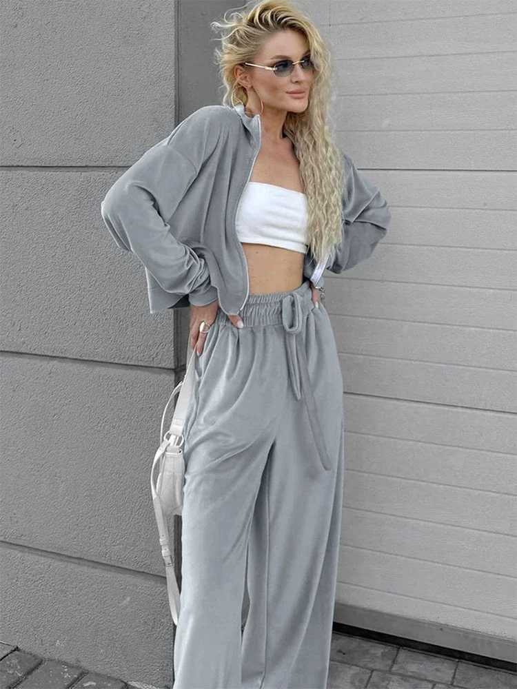 Trendix Velvet Pants 2PCS Set Womens Zipper Long Sleeve Fashion Coat Loose High Waist Lace Top Pants Set Womens SetW250411