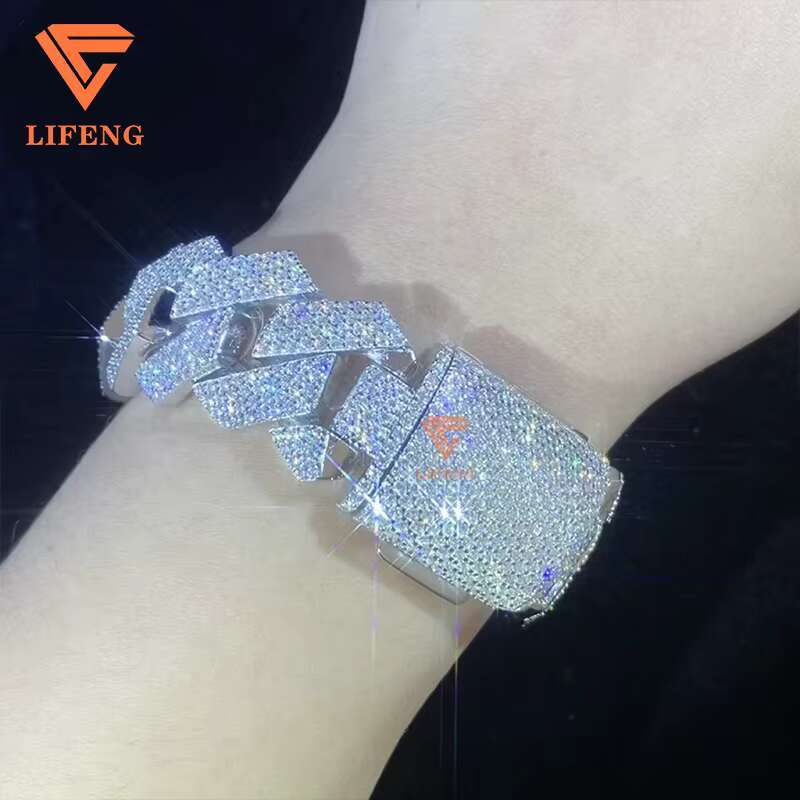 Lifeng Custom 20mm 4Rows Moissanite Diamond Cuban Link Chain Bracelet Gold Plated 925 Sterling Silver Bracelet Iced Out Jewelry