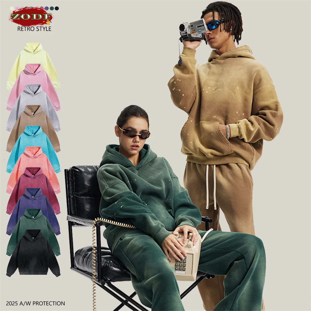 ZODF Trendy Men Washed 360gsm Fleece Hoodies Unisex Oversized Warm Paint Distressed Hooded Pullovers Winter Coat HY0947 251110