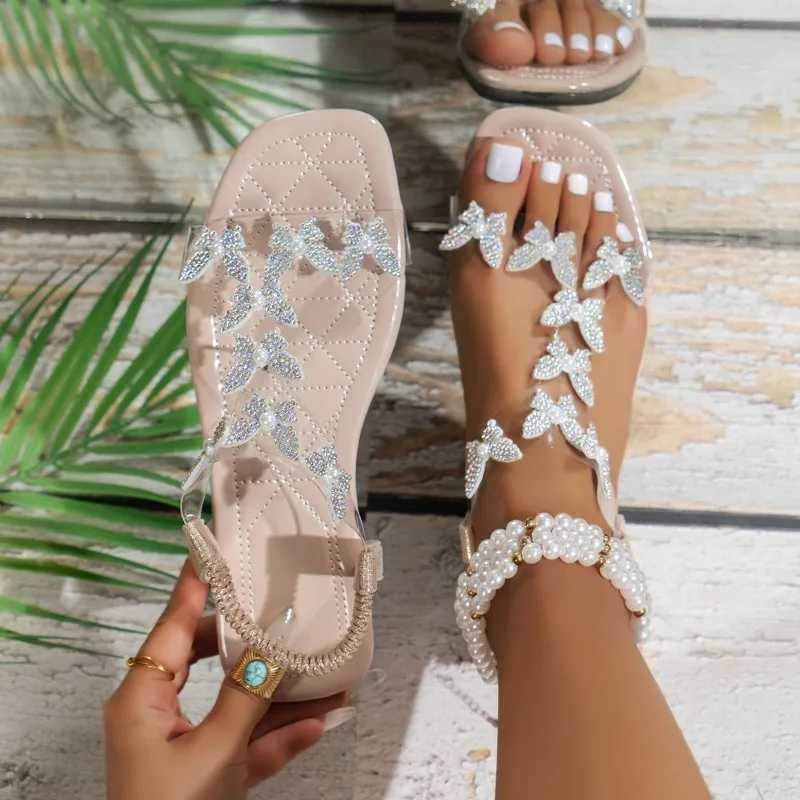 Womens Sandals Summer New Flat Butterfly Rhine Pearl Sandals Casual Lightweight N-Slip SandalsXJ250410