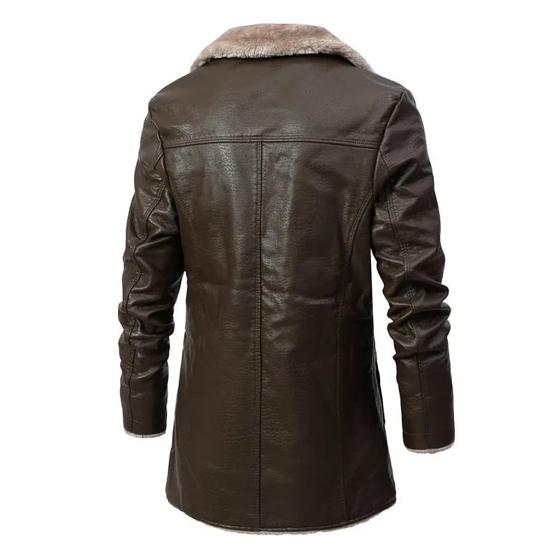 Men Winter Long Thick Fleece PU Leather Jacket Winter Fashion Suit Collar Mens Windbreaker Leather Jacket Coats 251107