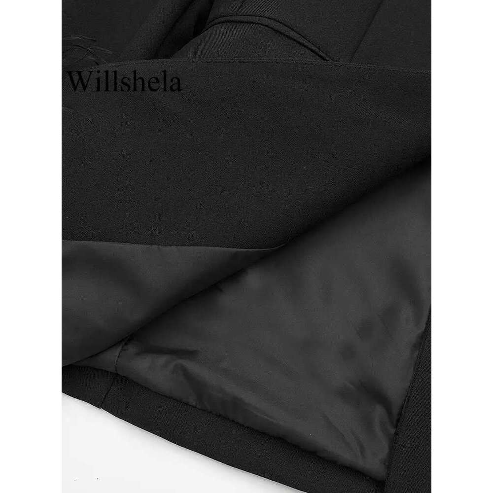 Willshela Women Fashion Satin Black With Feather Blazer Jacket Vintage Notched Neck Single Button Long Sleeves Female Outfits