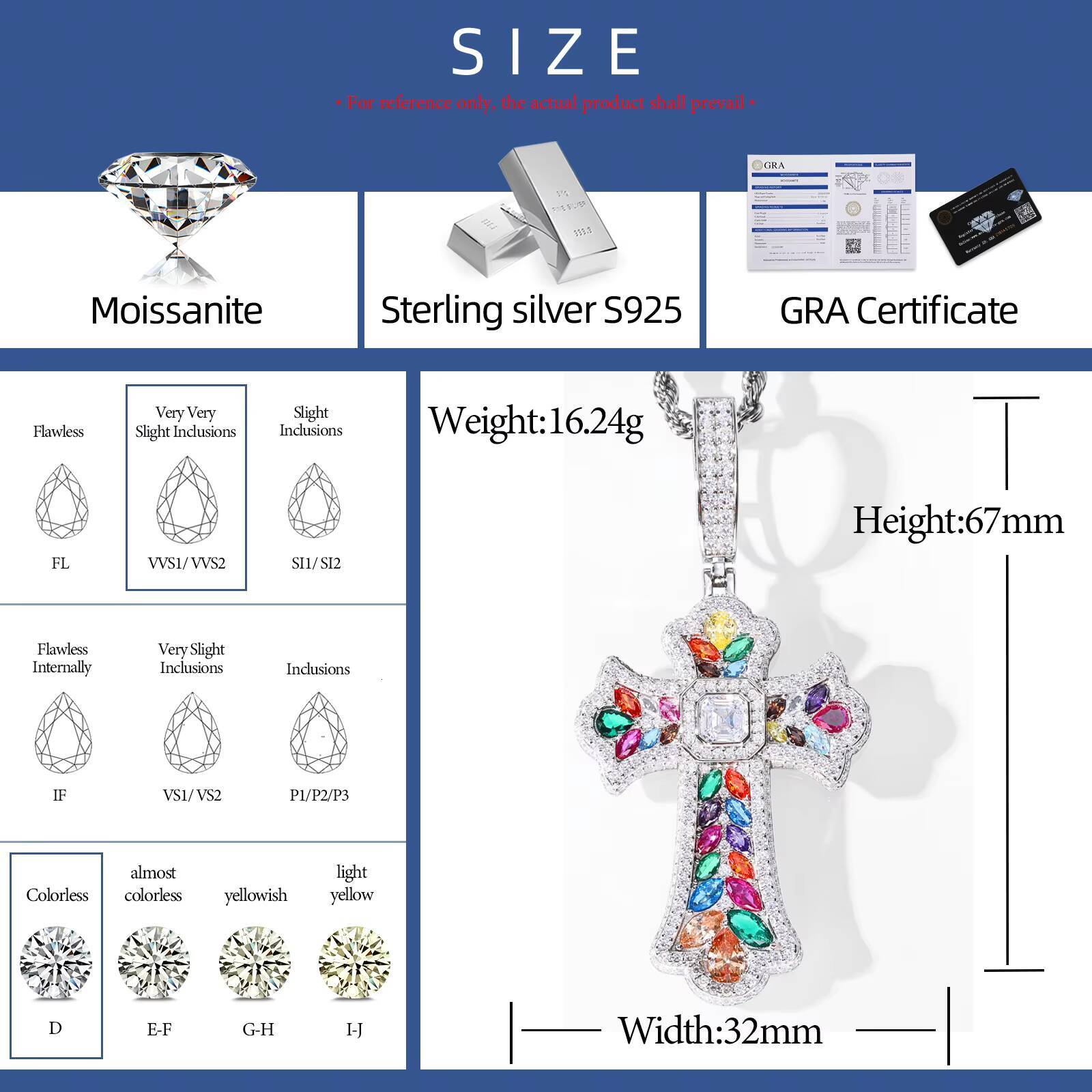 Personalize Design Hip Hop Jewelry 925 Silver VVS Moissanite Colored Moissanite Assorted Candy Iris Cross Pendant for Men