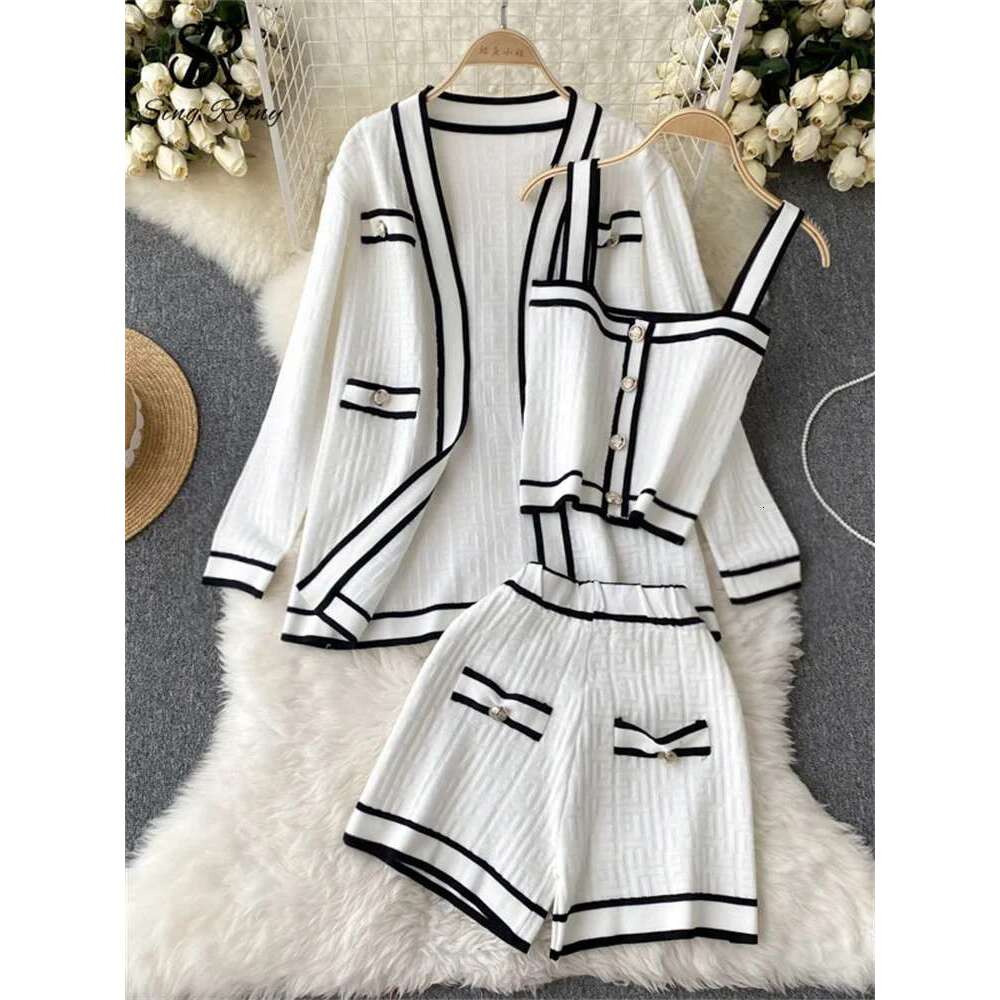 SINGREINY Autumn Knitwear 3Pc Sets Long Sleeves Cardigan+Single Breasted Spaghetti Strap+High Waist Elastic Shorts Casual Suits