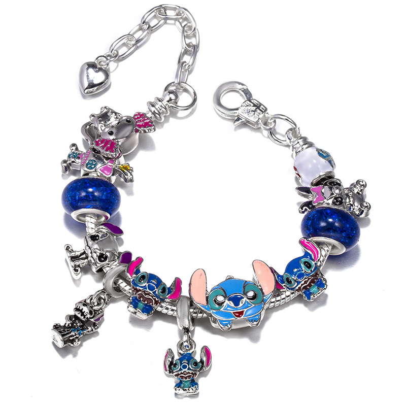 Adjustable Cartoon Movies Stitch Charm Bracelet 925 Sterling Silver Murano Glass Beads Snake Chain Bracelets Women Girls Party Jewelry Beads Pendant DIY Gift