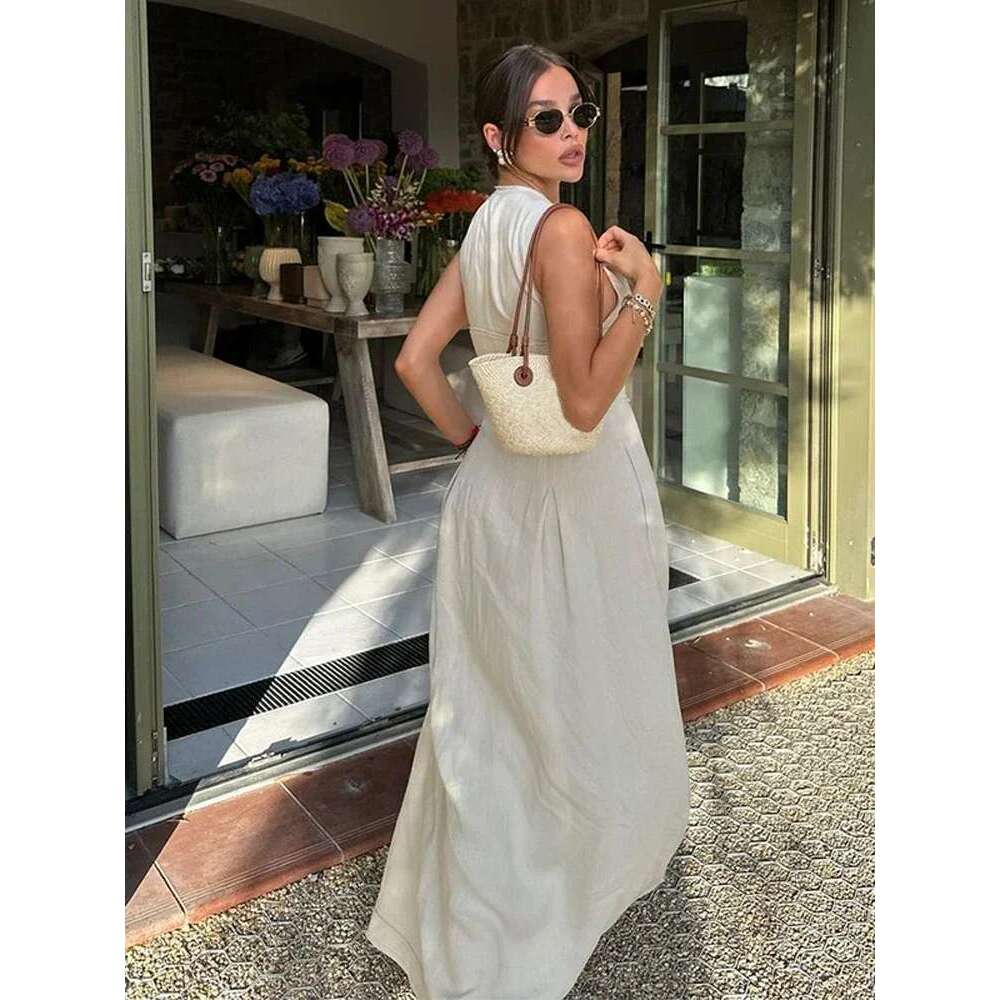 Sleeveless Spliced Zipper Maxi Summer Dress Women Elegant High Waist Slim Pleated Long Dresses Office Lady Street Robes Female