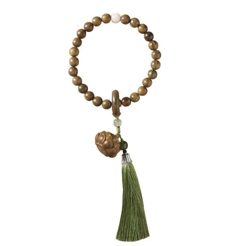 UMQ Natural Green Sandalwood Handheld HandString Carved Hollow Sachet Lotus Running Ring Tassel All-match Wooden Bracelet