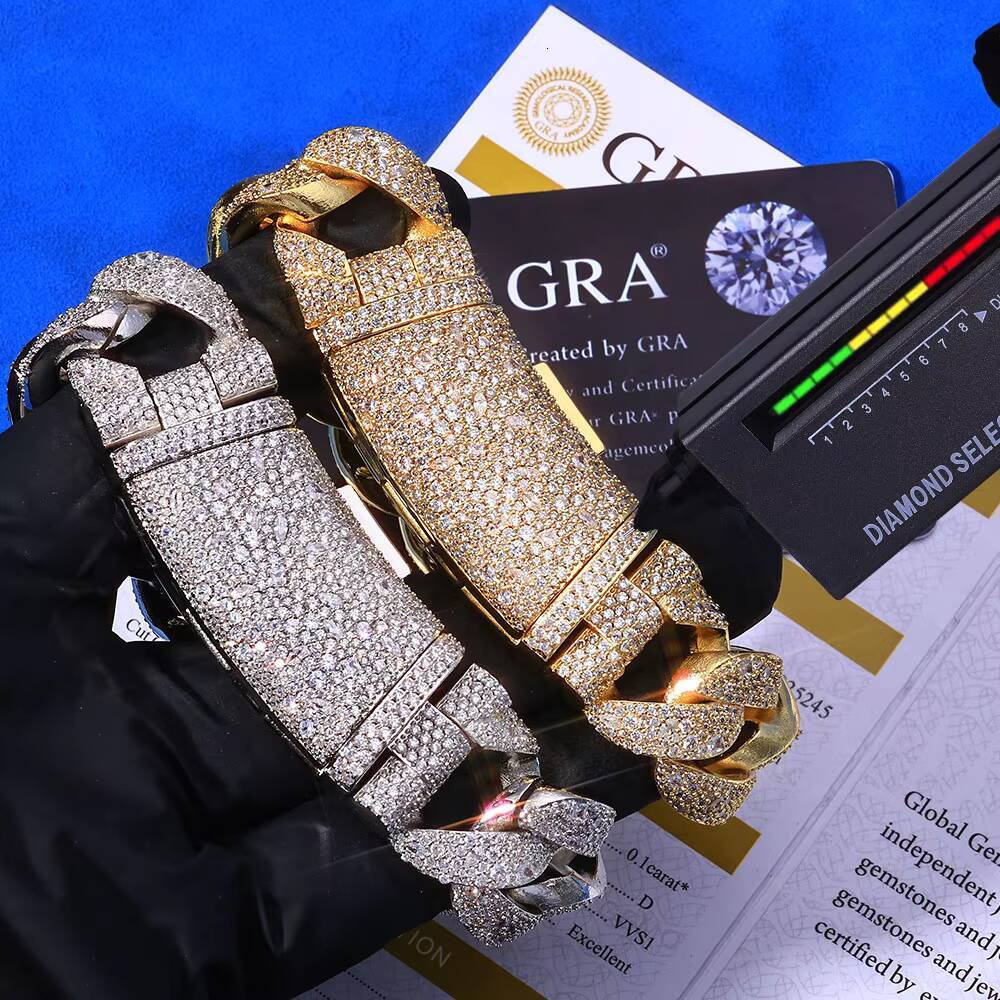 NUOYA 22mm Cuban Chain 925 Silver VVS Moissanite Bracelet Iced Curved Buckle Mens Hip Hop Jewelry