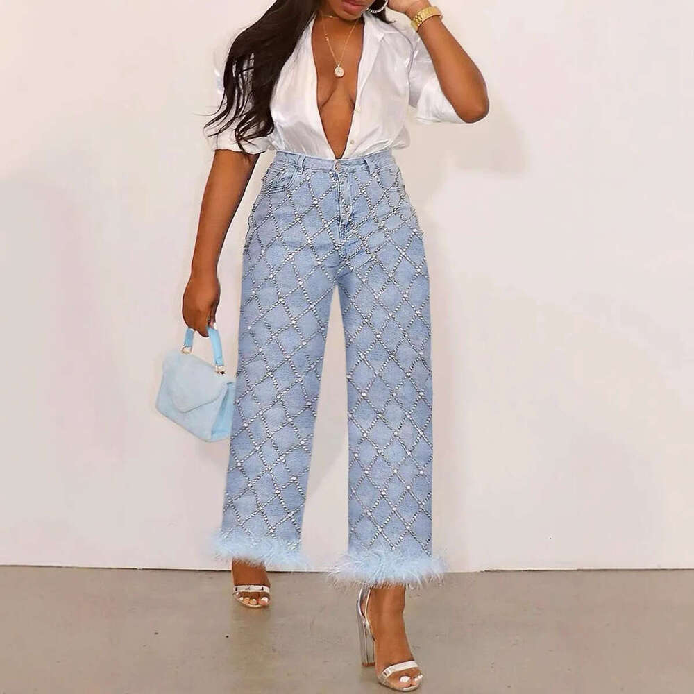 Women's Wear Fashionable Women's Jeans Plus Daily Light Blue High Waist Diamond Straight Leg Feather Denim Ankle Pants