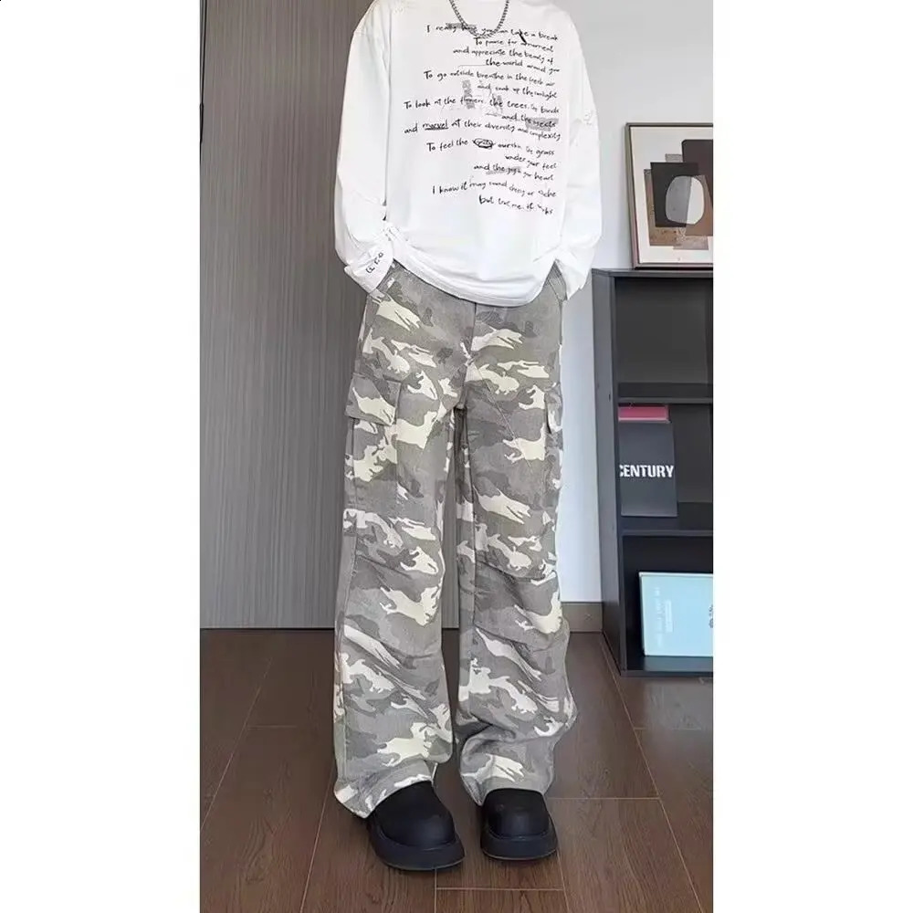 Autumn Mens Cowboy Pants Straight Down Retro Loose Bottom Wide Legs Casual Soldier Korean Style 250407