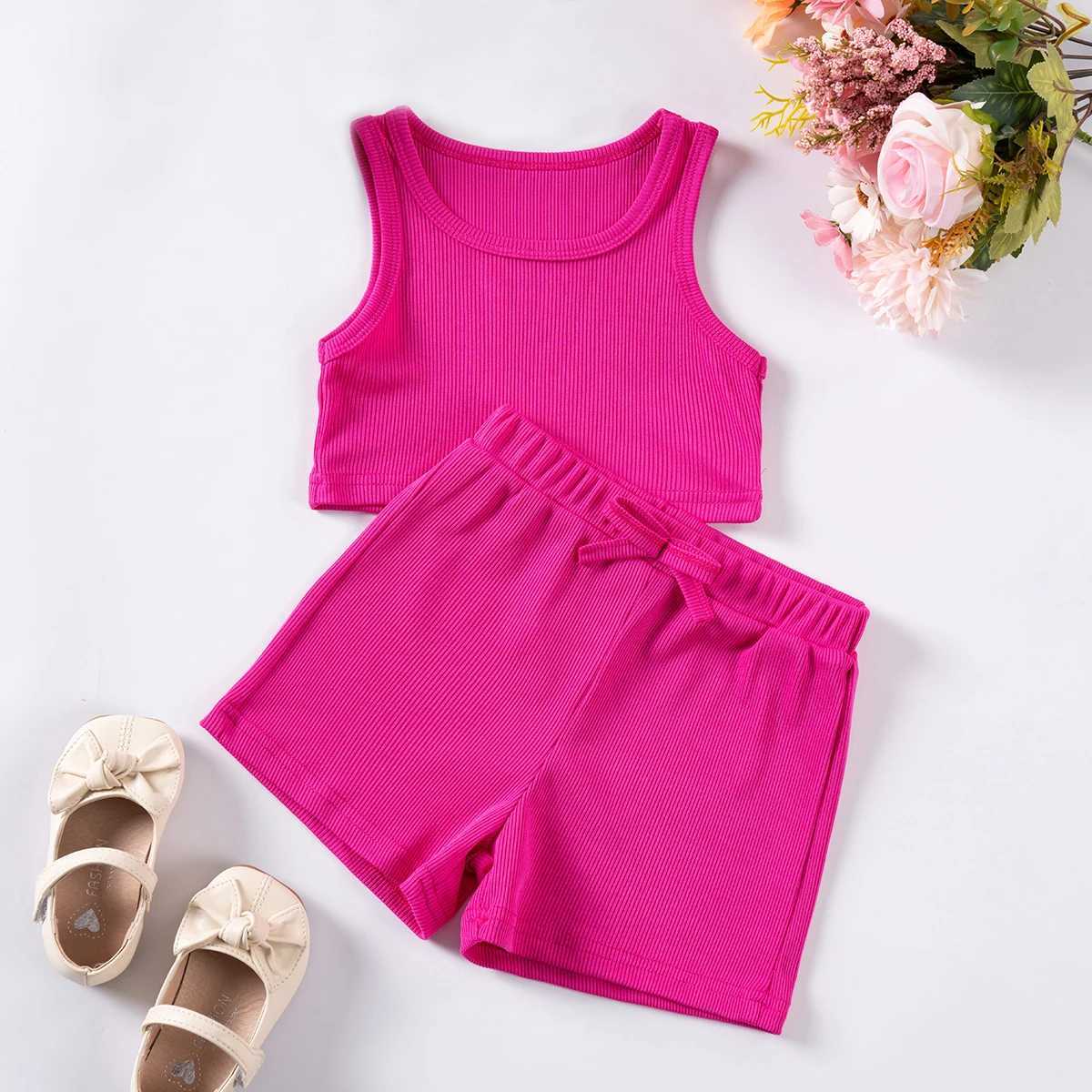 Girls solid ribbed vest shorts childrens casual sleeveless top+shorts 2PCS clothing set girls sportswear summer 1-7YXJ250410