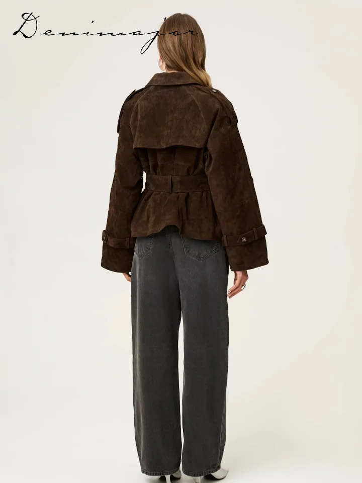 Vintage Lace Up Brown Suede Jacket Women Belt Loose Lapel Single Breasted Full Sleeve Jacket Autumn Lady Street Outwear 251106