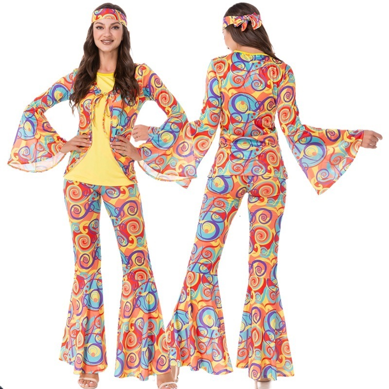 Womens retro 70S disco metal shiny jumpsuit with lace up flame sleeves hippie bell bottom hoodie jazz dance performance costume 240824