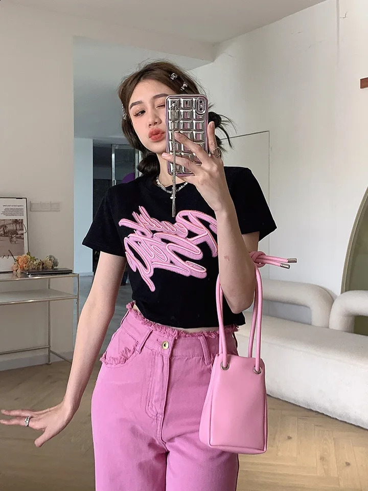 Womens Letter Print T-shirt Loose Plus Size Fashion Summer Hip Hop Street Wear Top Casual All-match O-neck Cotton T-shirt 250411