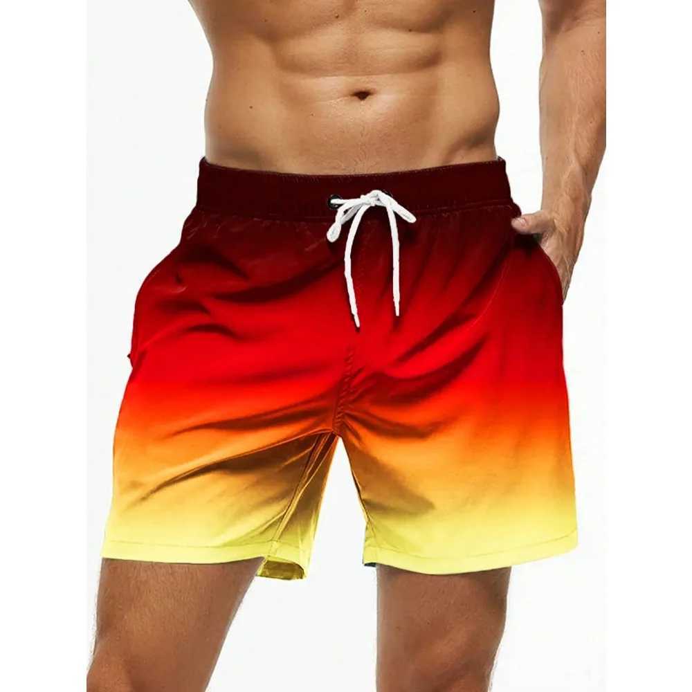 Mens beach shorts gradient color block brushed summer mens swim trunks elastic waist 3D printed breathable short streetwearW250410