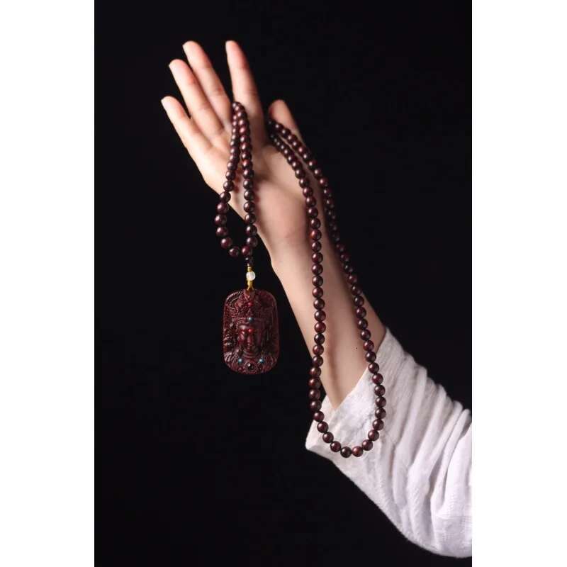 UMQ Small Leaf Rosewood Mother Necklace Bracelet Red Sandalwood Double-Sided Carved Inlaid Guanyin Heart Sutra Men'S And Women'S