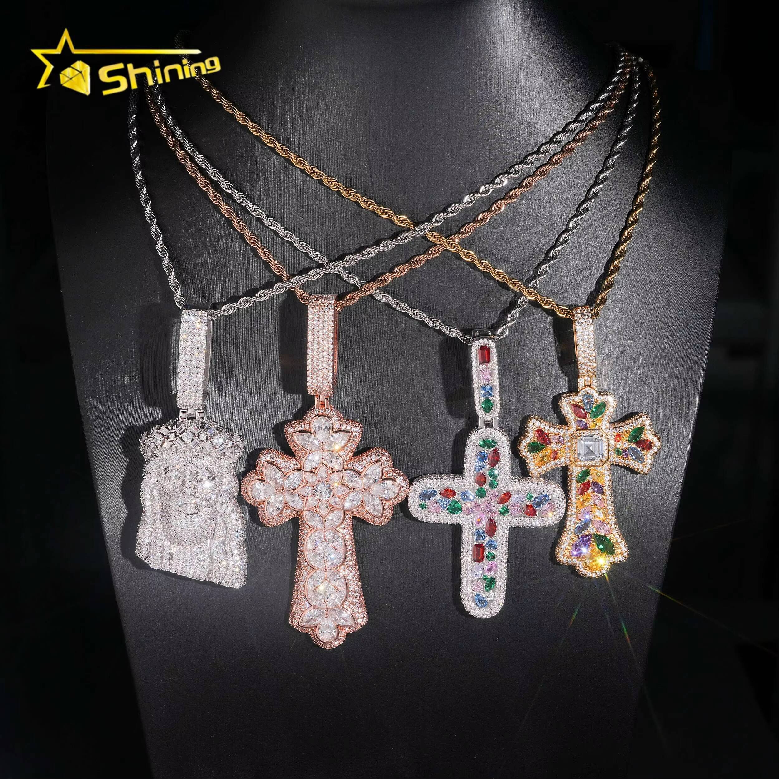 Fashion Pendants Charms Collection Hip Hop Jewelry Brass Iced Out Colored Moissanite Cross Pendant Men Women Brass Jesus Pendant