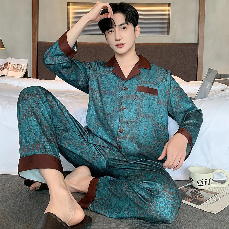 High quality pajama set mens spring and autumn ice silk long sleeved mens pajamas summer slim fit fashionable pajama set 250408