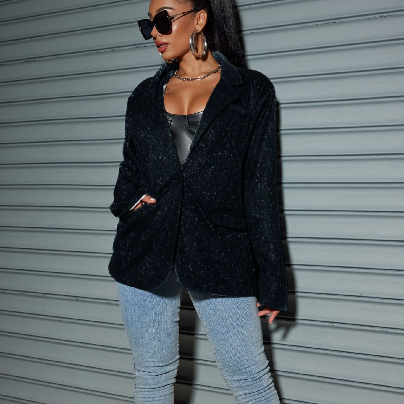 New commuting style cardigan with a collar and long sleeves, sparkling large casual suit jacket