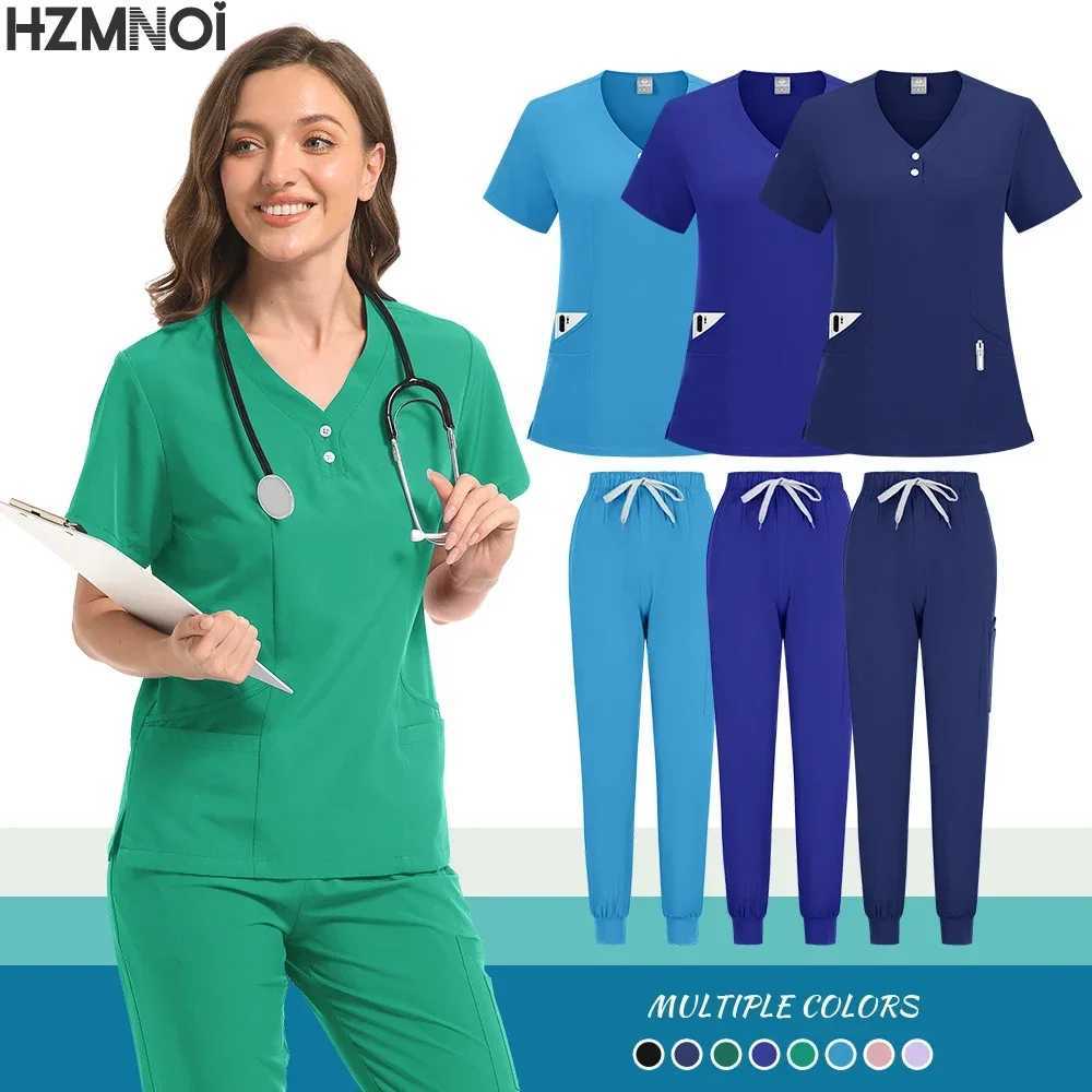 Scrubs Uniform Suit Short Slve V-neck Tops+jogger Pants Set Nursing Uniform Women Multicolor Pet Doctor Scrub Medical Workwear X250410