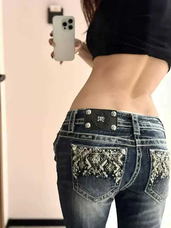 Retro Miss Me Boot Cut Jeans Female Y2K New Blue Jeans Embroidered Wing Pocket Hip Hop Harajuku Gothic Wide Pants Street Wear L251017