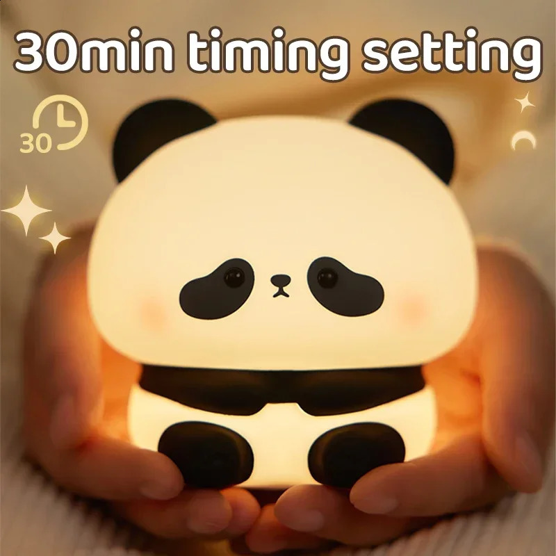 Panda LED Night Light Cute Silicone Night Light USB Rechargeable Touch Night Lamp Bedroom Timing Lamp Decoration Childrens Gift 250410