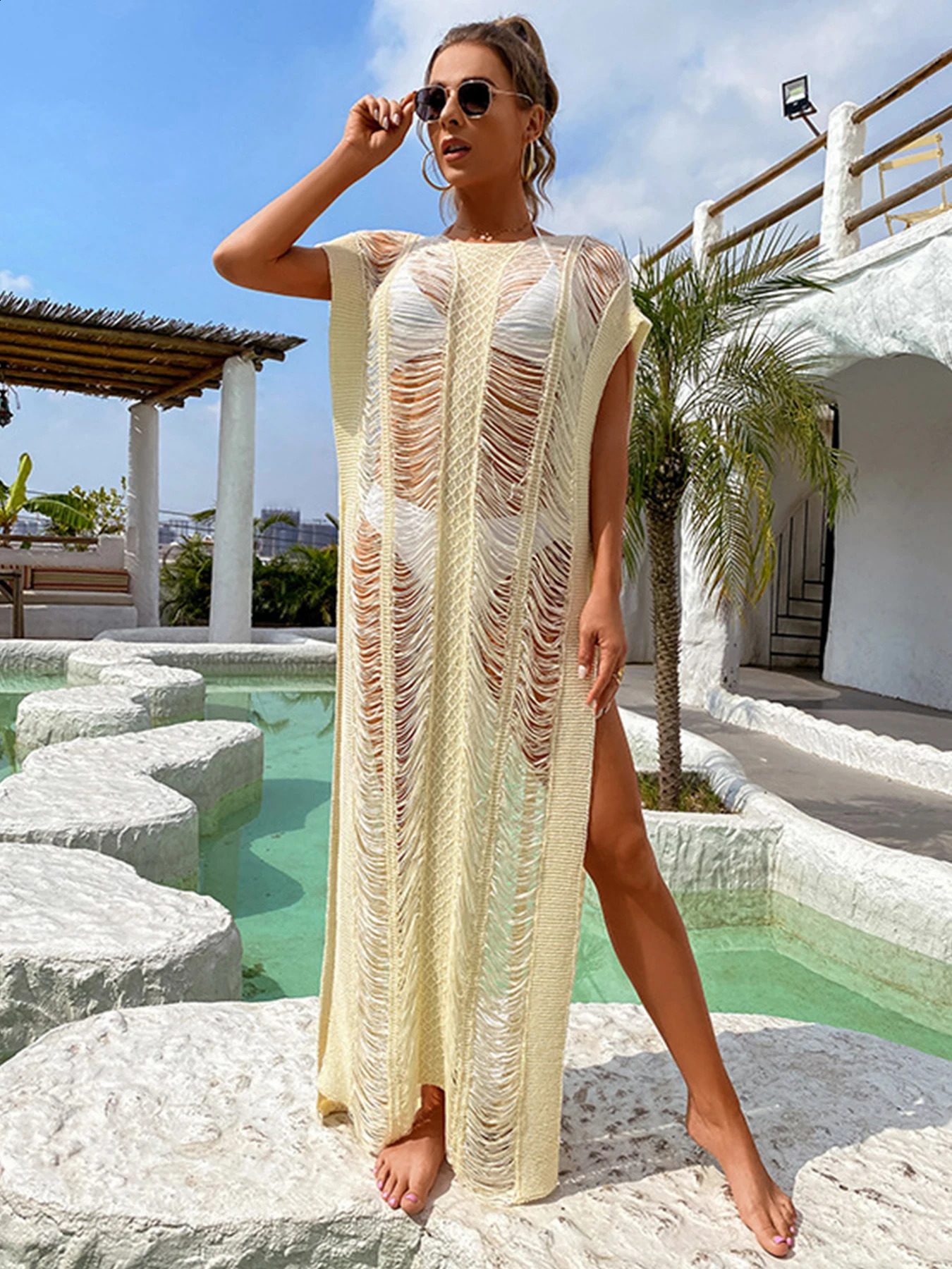 Solid Sexy Side Split Crochet Hollow Out Beach Cover Up Women Bikini Cover Up Long Dress 2025 Summer Beach Dress Lady Beachwear 250411