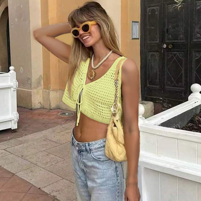 Valentine's Day Nordic Breeze Crochet Tops for Women Summer Vacation Outfits Beach Cover Up Going Out Tie Front Summer Sweater Vest 2025 Fashion-