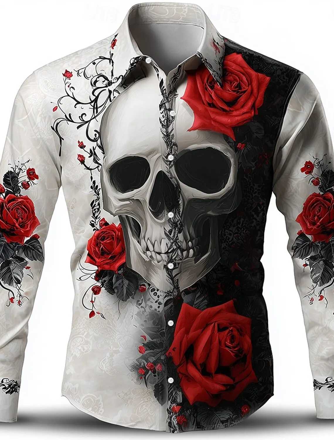 Mens Skeleton Rose Skulls Shirt Button Up Shirt Long Sleeve Dark Gothic Style Streetwear Turndown 3D Print Collared Shirts K251110
