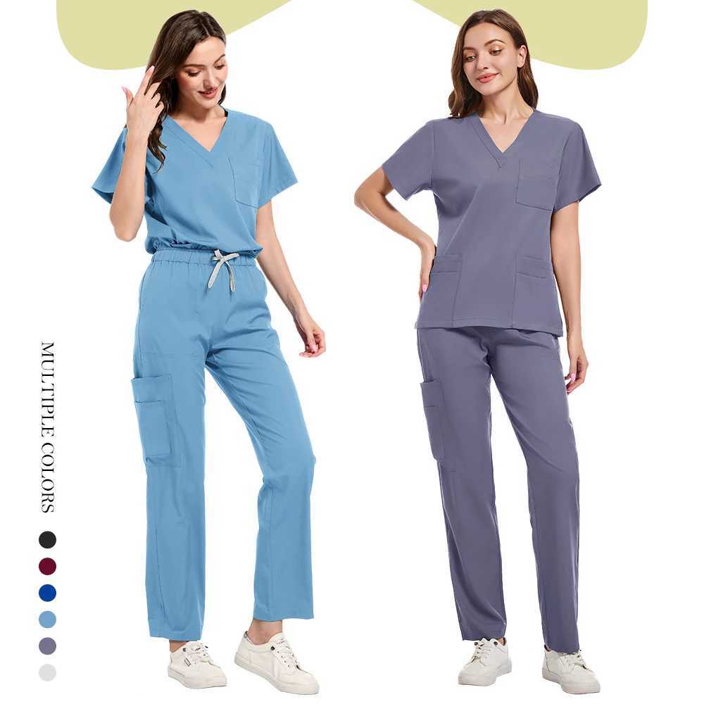 Surgical Set Women Pet Hospital Scrub Uniforms Suits Unisex Solid Color Surgical Gown Pocket V-neck Jogger Suits Price X250410