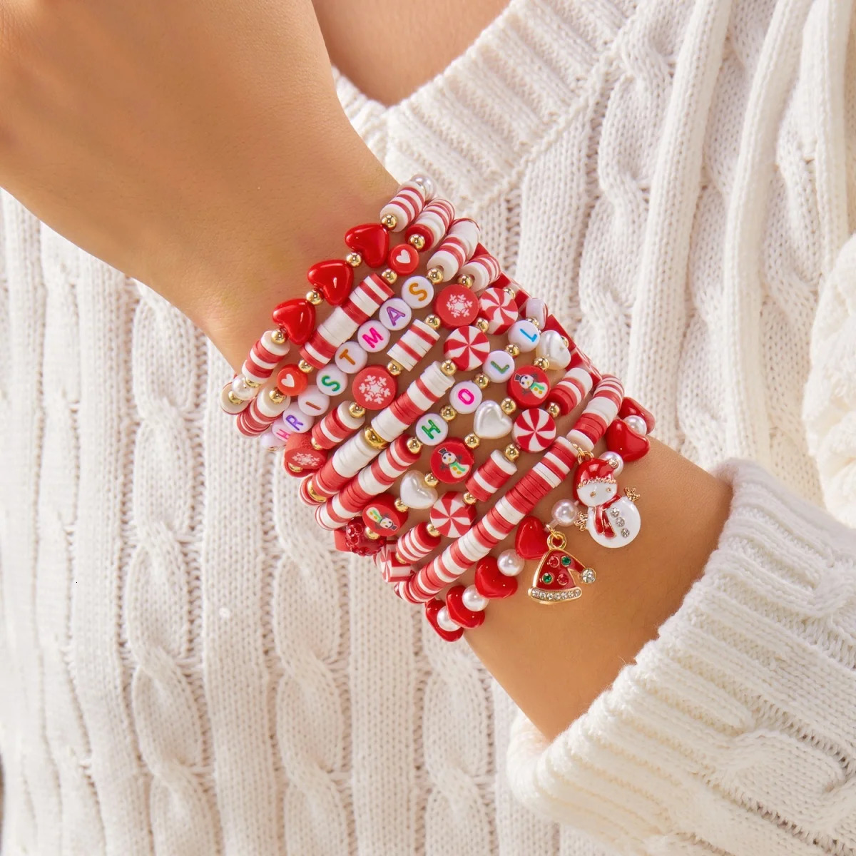 10PcsSet Multilayer Christmas Bracelet Snowman Tree Gift Box Snowflake Santa Claus Soft Clay Beads Bangle For Women Men Jewelry 251103