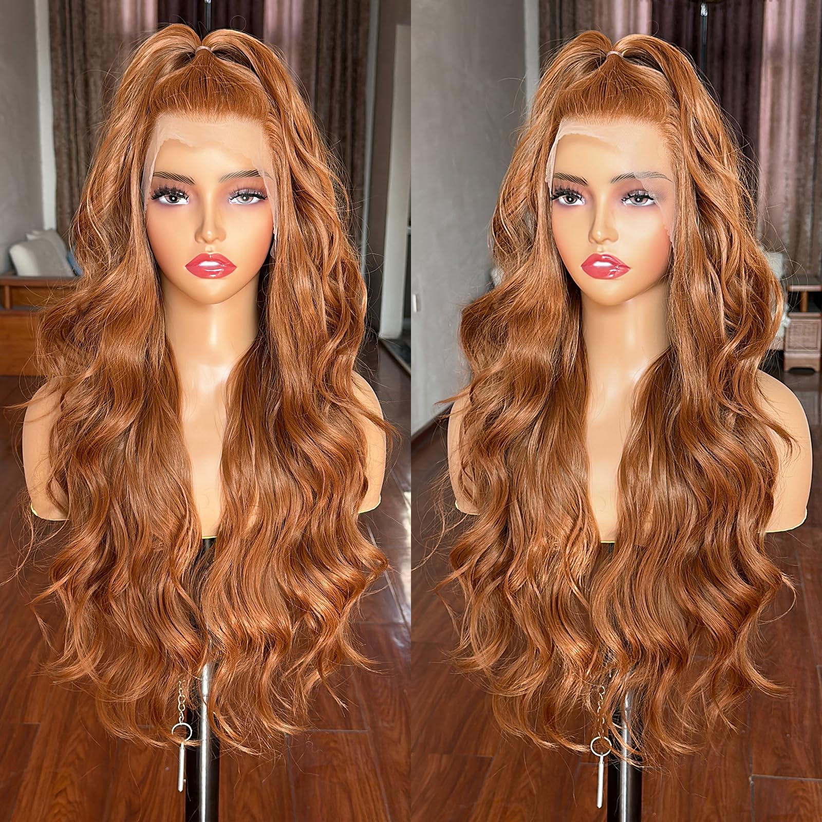 34 Inch Light Brown Long Hair Body Wave 13x4 Simulation Human HD Lace Frontal Wig Synthet Hair Glueless Big Curly Graceful Pre Plucked Lace Front Wig 