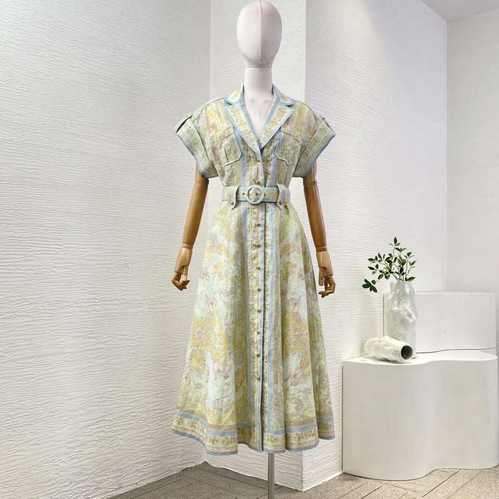 Pure En New High Quality Light Green Ral Print Short Sleeve Women Belted Holiday Mini Dress