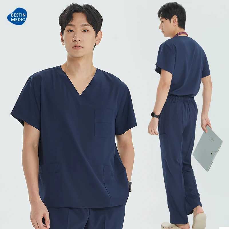 High quality mens medical uniform frosted set V-neck top pull pants hospital doctor set dental care slim set S23 X250410