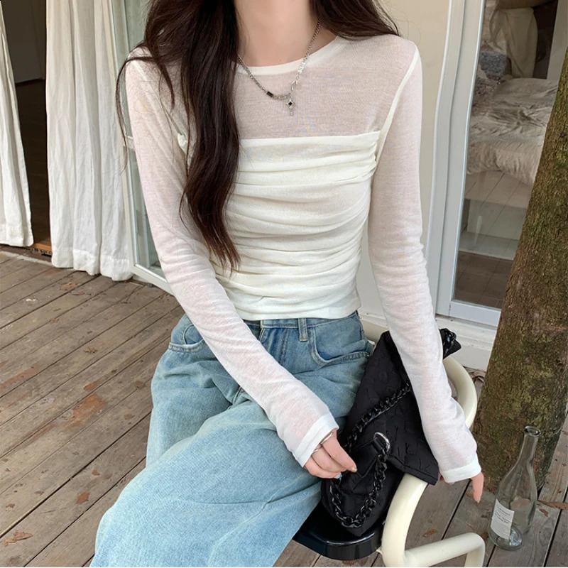 Spring and summer mesh womens short sleeved Tshirt 2025 Oneck casual bottom Korean ultrathin top 250411Z