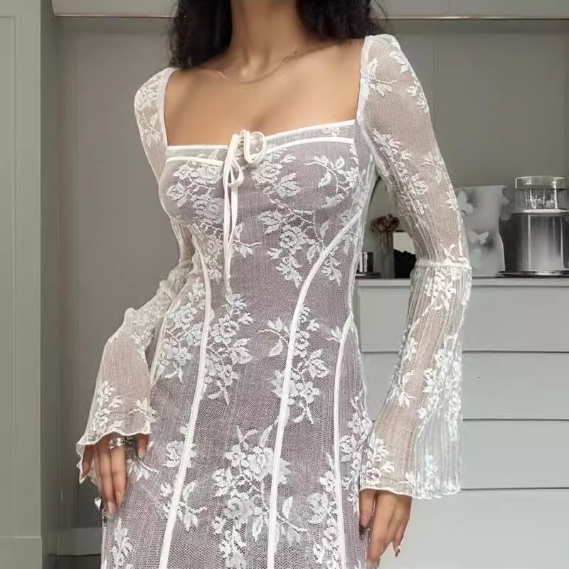 Elegant socialite lace V-neck hollow French for women 2025 new spring and summer waist cinching slimming dress