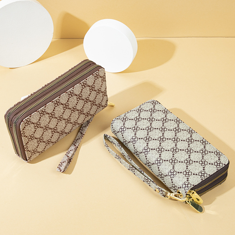 2025 Long Women's Clover Printed Large Capacity Handbag Wallet European and American Popular Double Zipper Double Layer Wallet Phone Bag Holiday 