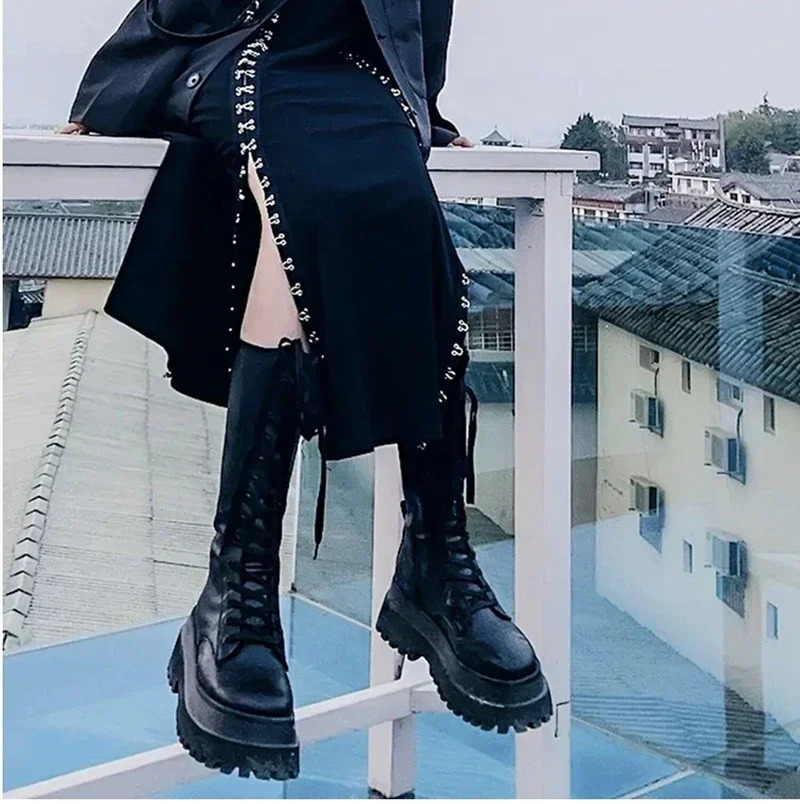 Chunky Women Motorcycle High Boots Fashion Lace Up Long Boots Platform Flats Autumn Winter Ladies Shoes 251110