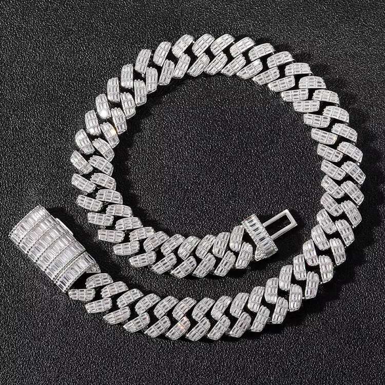 Fashion Customized Chain 17mm Width Sterling Silver 5A CZ Diamond baguette Cuban Chain Links for Hip Hop Life