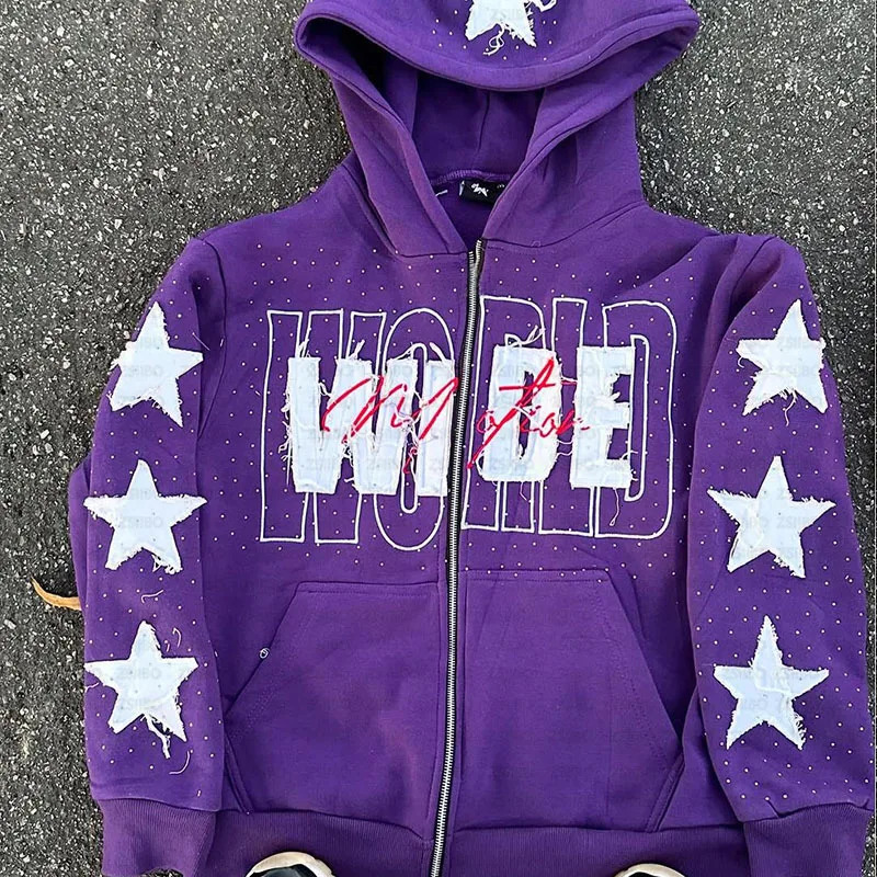 Winter Y2K High Street letters Stars Rhinestone Embroidered Zipper Top American Hip-hop Style Casual Sweatshirts Men Wom Hoodie 251110