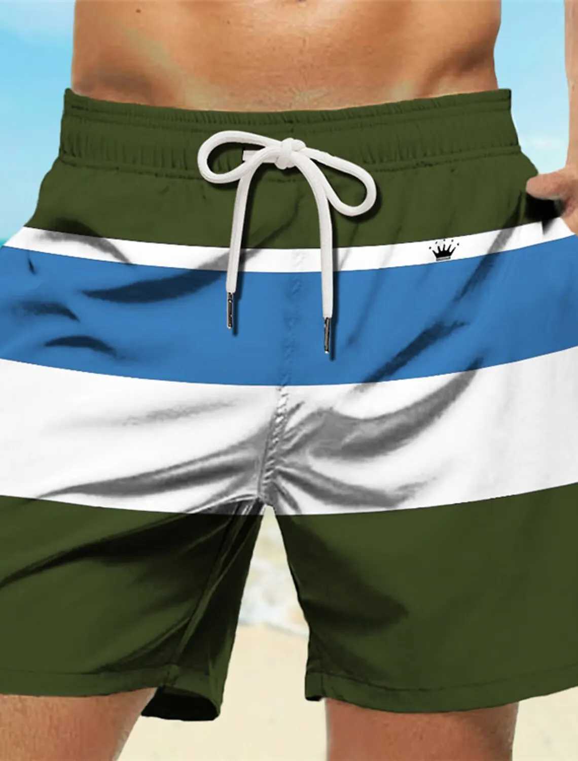 Stripe Mens Resort 3D Printed Crown Design Board Shorts Swimming Tree Trunk Elastic Waist Brushed Tava Style Holiday BeachW250410