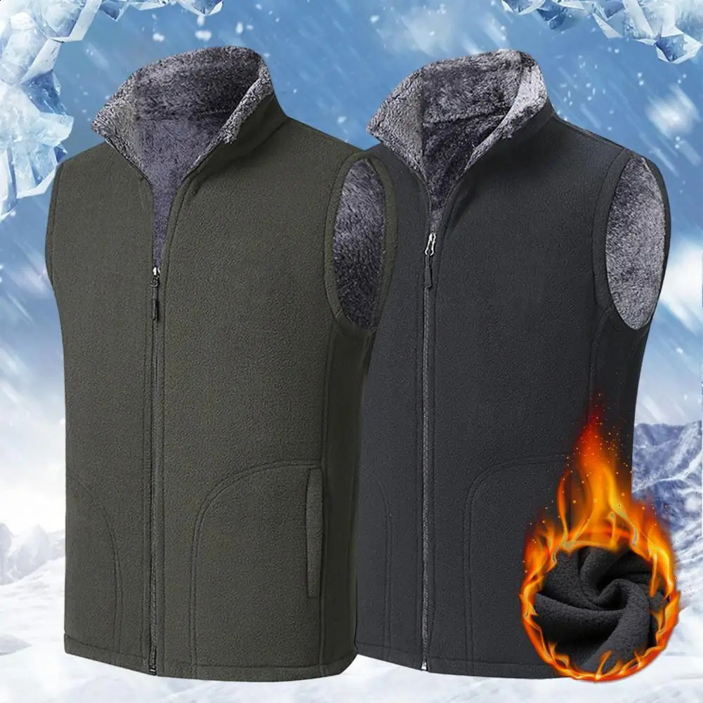 Mens sleeveless stand up collar solid color wool thick warm plus size winter coat 250411Z