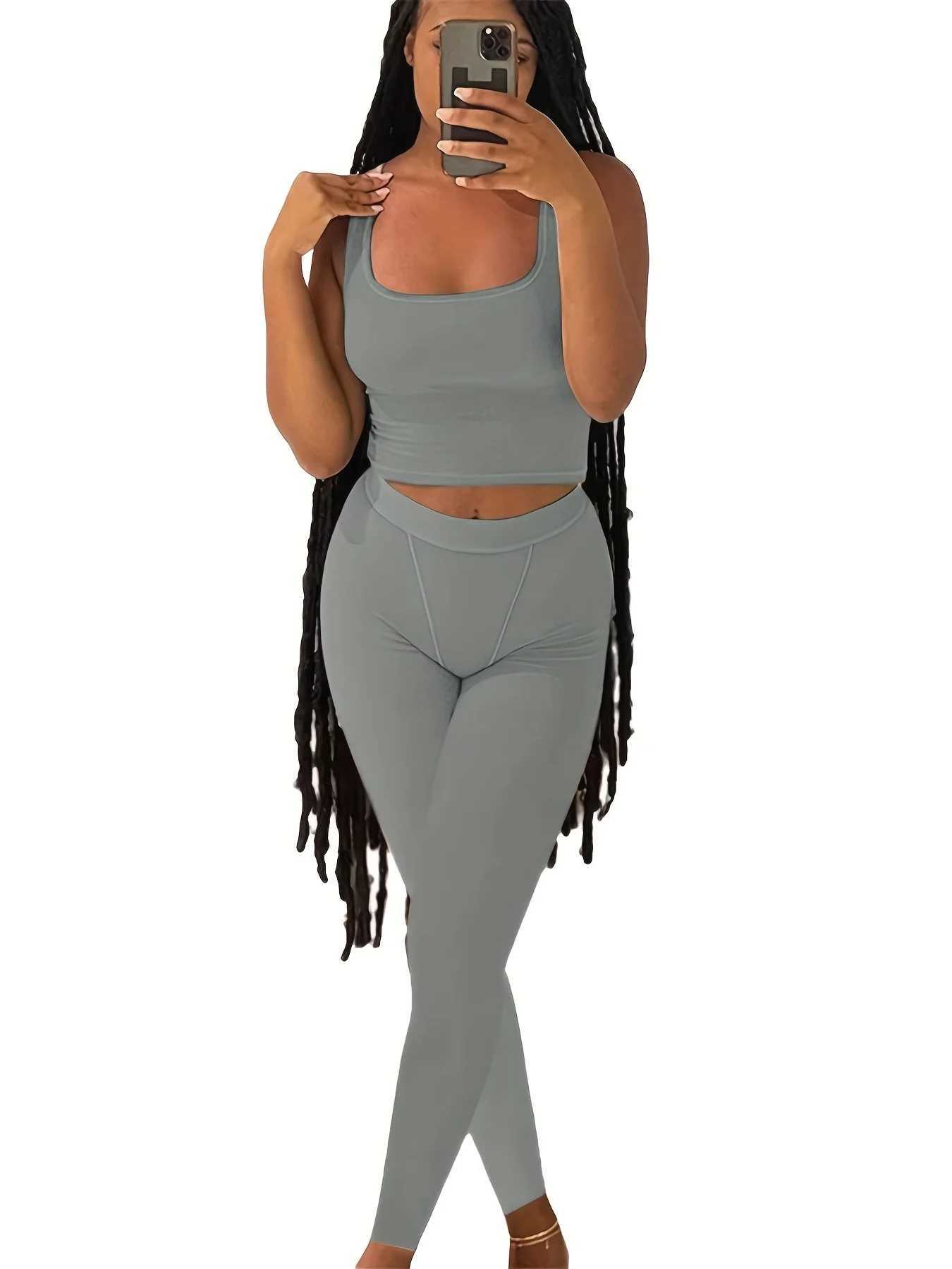 Newly designed womens summer fitness sportswear lounge set yoga solid color vest two-piece set vest top bicycle shorts setW250411