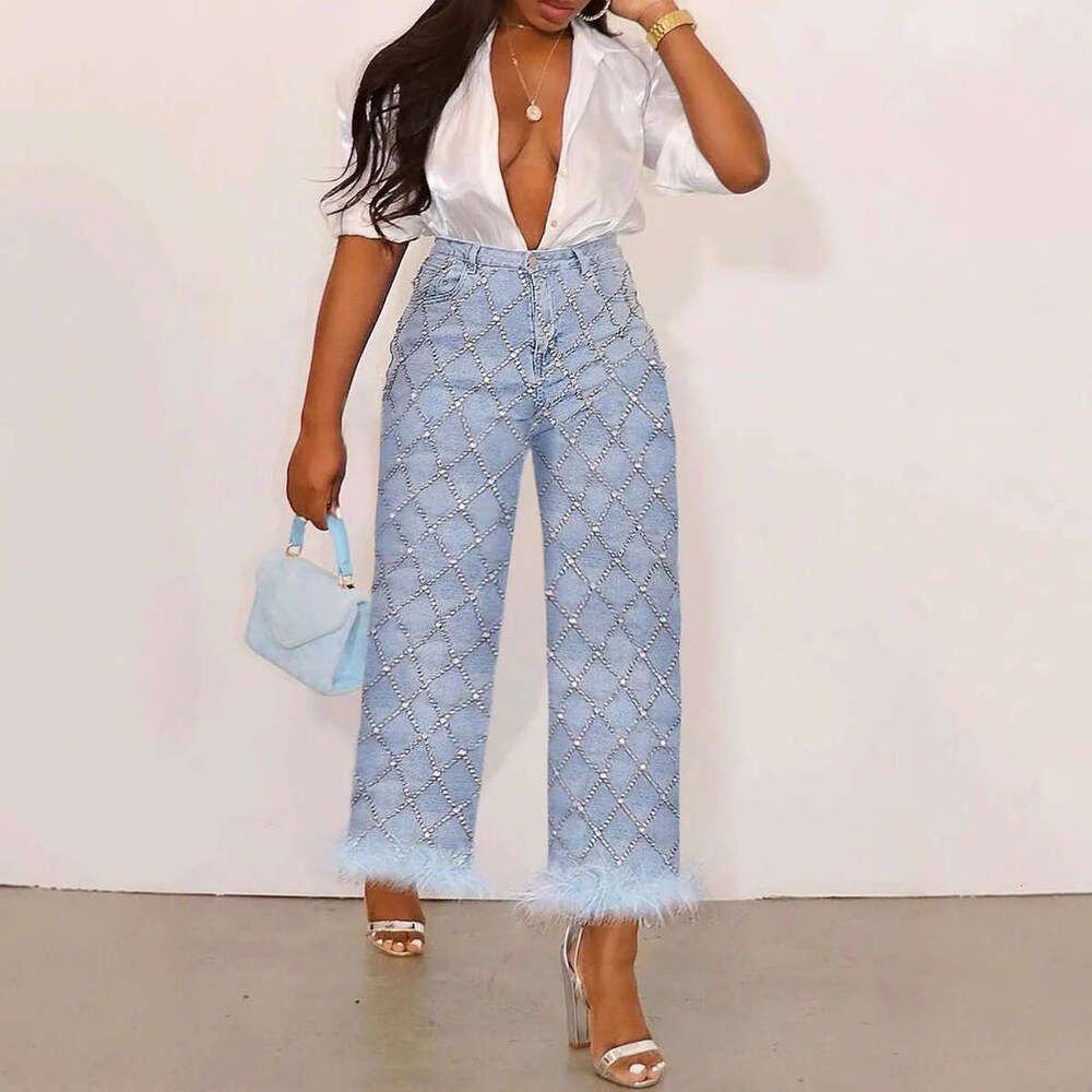 Women's Wear Fashionable Women's Jeans Plus Daily Light Blue High Waist Diamond Straight Leg Feather Denim Ankle Pants