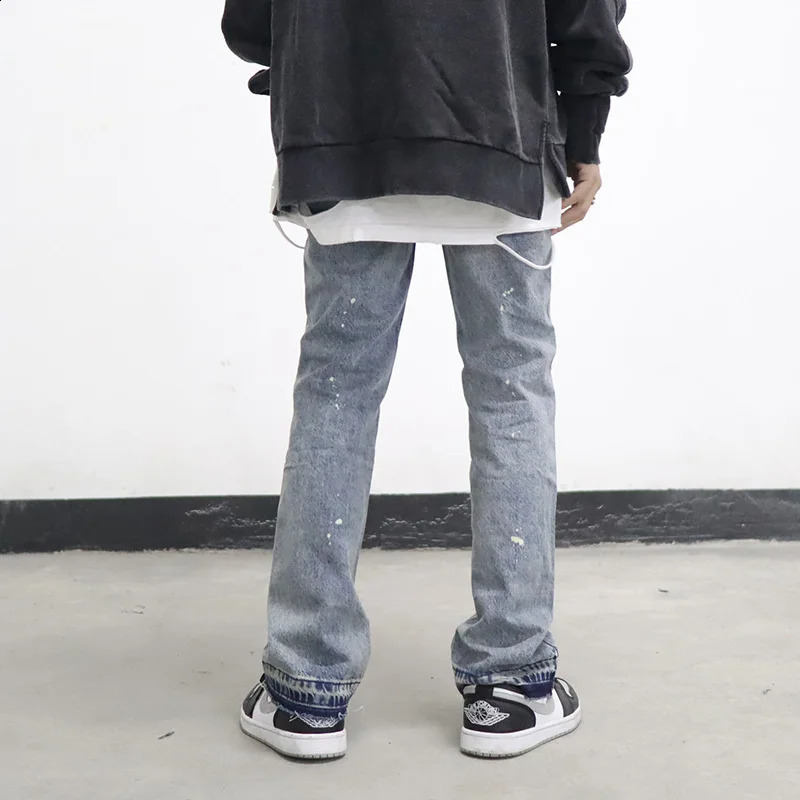 High Street Washed Splash Ink Retro Wide Leg Flared Pants Mens Straight Casual Jeans Harajuku Loose Denim Trouser 250409