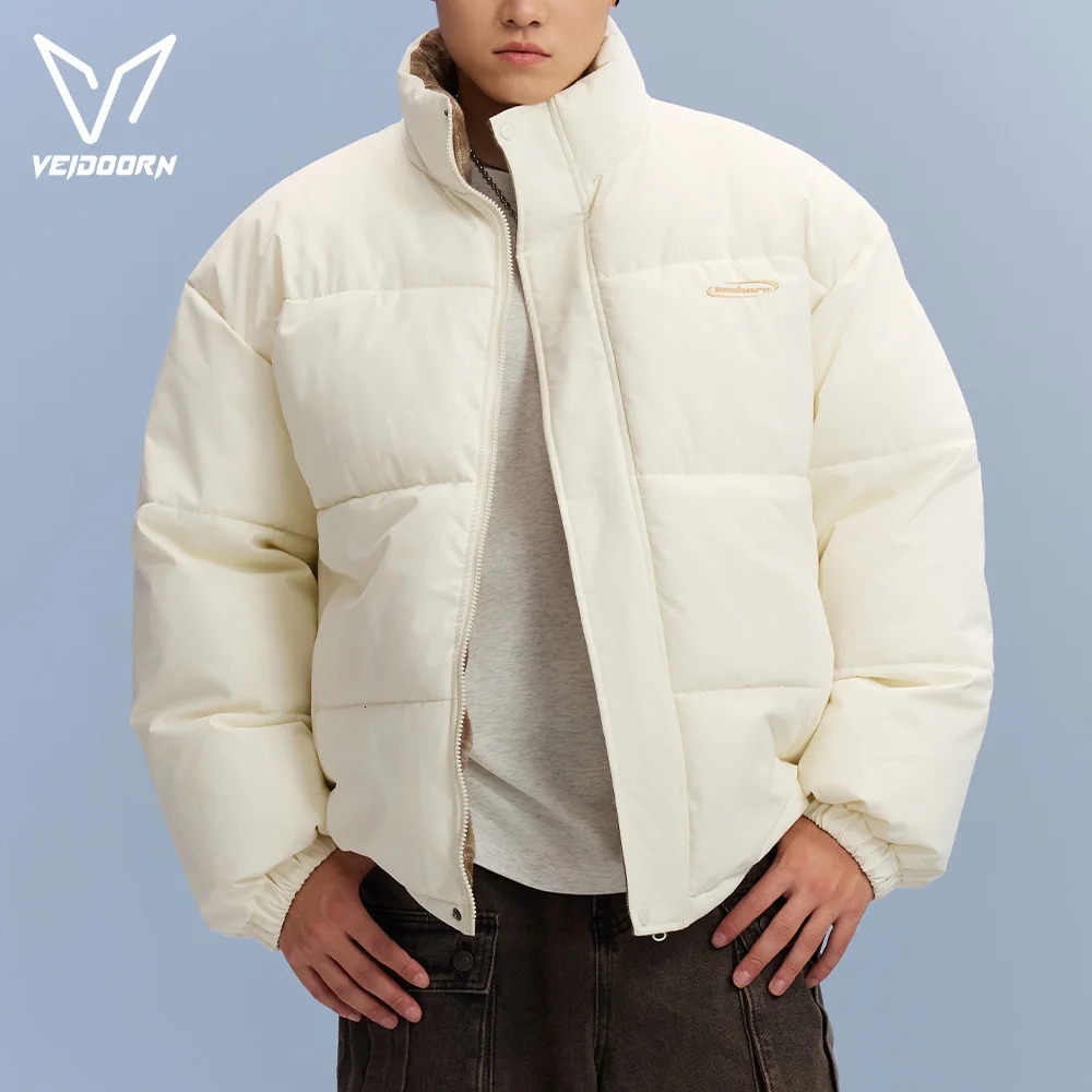 Veidoorn Unisex Short Parka Coat with Stand Collar Warm Thermal Puffer Jacket for Winter Puffy Outdoor Streetwear 251106