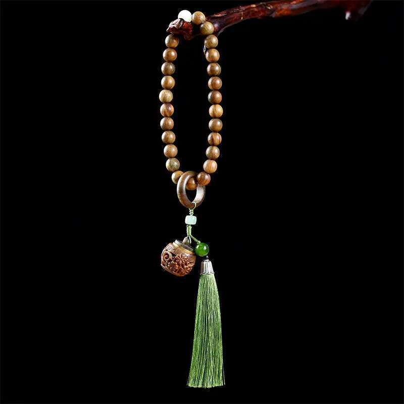 UMQ Natural Green Sandalwood Handheld HandString Carved Hollow Sachet Lotus Running Ring Tassel All-match Wooden Bracelet