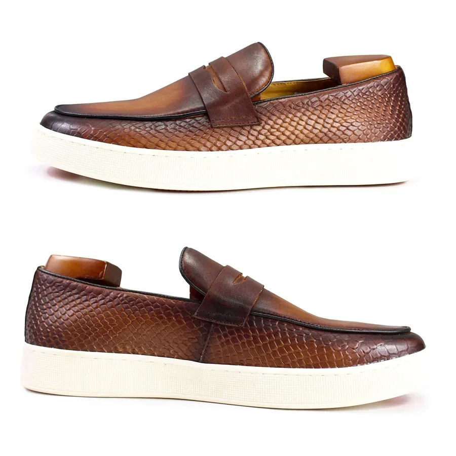 Handmade Genuine Leather Mens Loafers Red Pattern Penny Slip-On Dress Flats for Office Wedding Party 251106