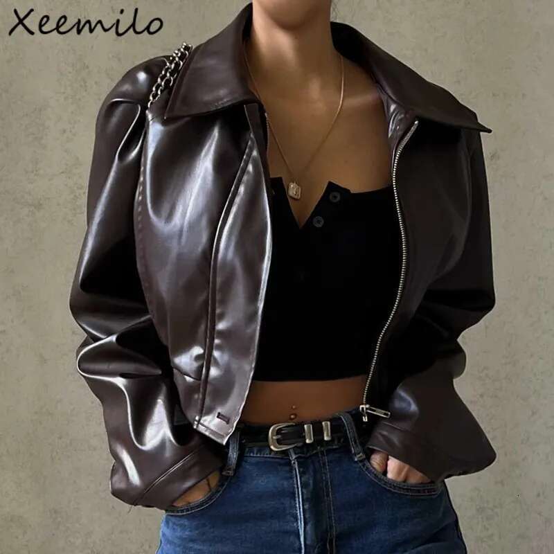 Xeemilo PU Faux Leather Jacket Aesthetic Fashion Streetwear Turn-Down Collar Coat Autumn Vintage Casual Simple Long Sleeve Coats